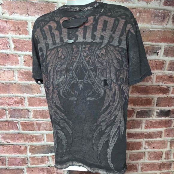 Affliction Archaic Gray Distressed Graphic Tee Medium Short Sleeve Crew Neck USA - Picture 3 of 10